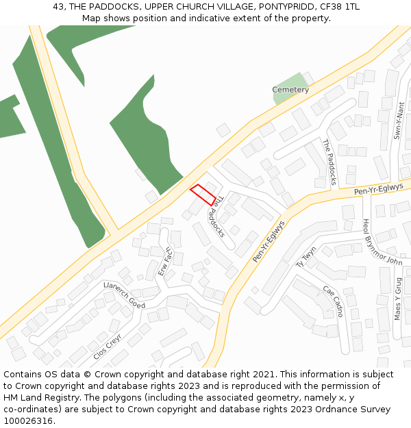 43, THE PADDOCKS, UPPER CHURCH VILLAGE, PONTYPRIDD, CF38 1TL: Location map and indicative extent of plot