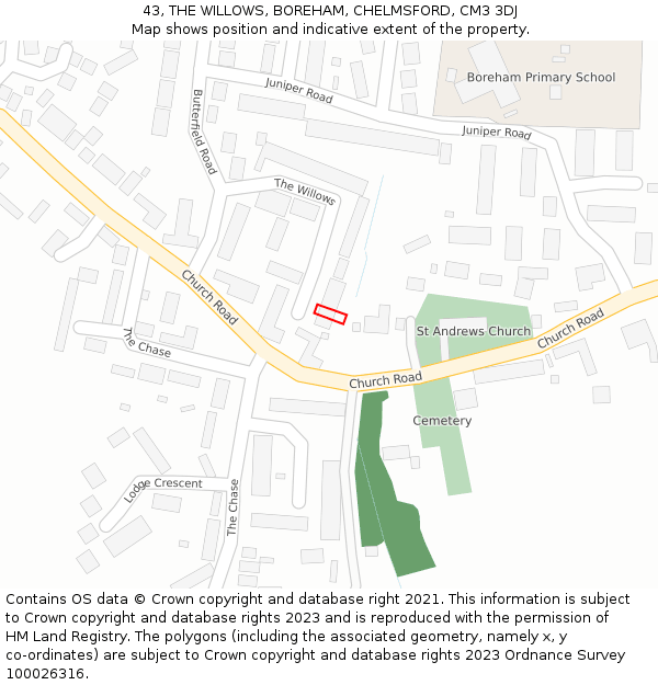 43, THE WILLOWS, BOREHAM, CHELMSFORD, CM3 3DJ: Location map and indicative extent of plot