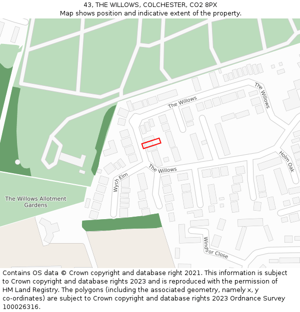 43, THE WILLOWS, COLCHESTER, CO2 8PX: Location map and indicative extent of plot