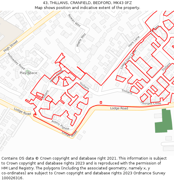 43, THILLANS, CRANFIELD, BEDFORD, MK43 0FZ: Location map and indicative extent of plot