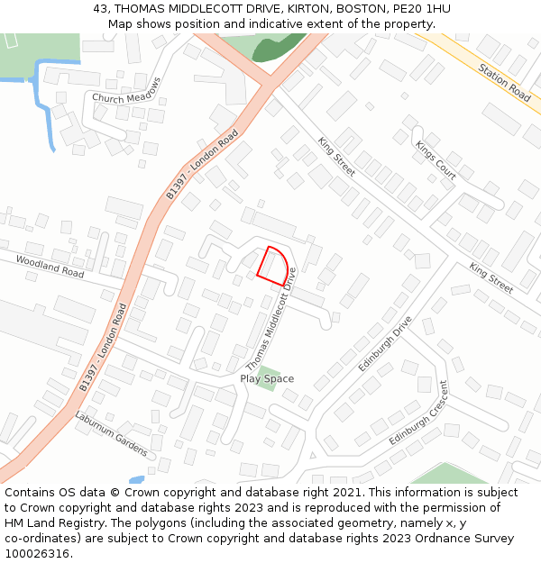 43, THOMAS MIDDLECOTT DRIVE, KIRTON, BOSTON, PE20 1HU: Location map and indicative extent of plot