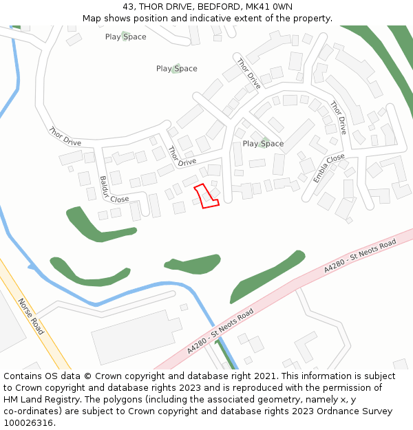 43, THOR DRIVE, BEDFORD, MK41 0WN: Location map and indicative extent of plot