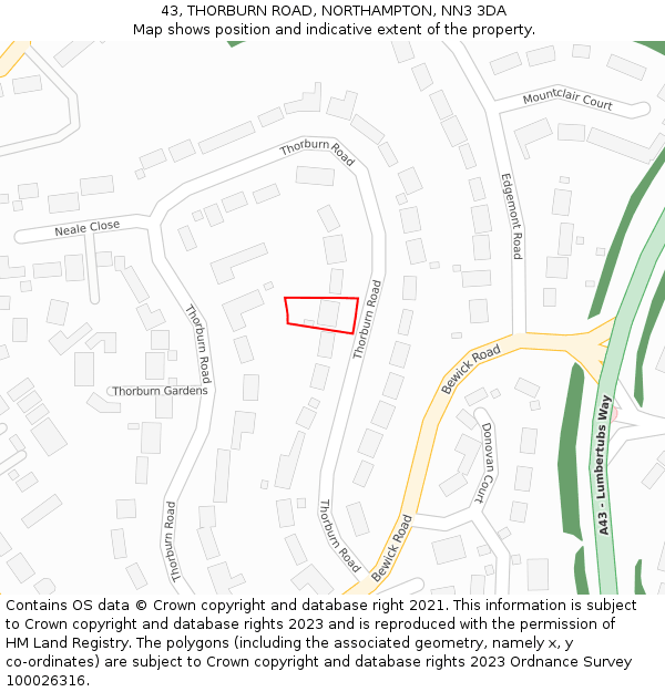 43, THORBURN ROAD, NORTHAMPTON, NN3 3DA: Location map and indicative extent of plot