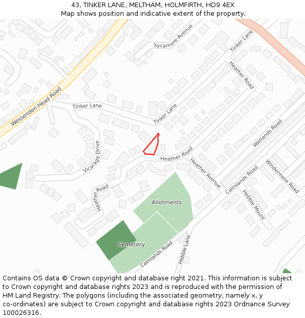 43, TINKER LANE, MELTHAM, HOLMFIRTH, HD9 4EX: Location map and indicative extent of plot