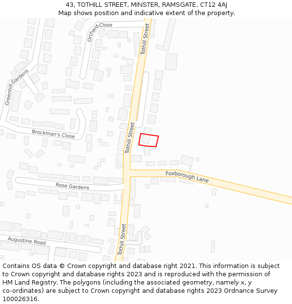 43, TOTHILL STREET, MINSTER, RAMSGATE, CT12 4AJ: Location map and indicative extent of plot