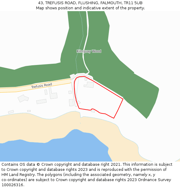 43, TREFUSIS ROAD, FLUSHING, FALMOUTH, TR11 5UB: Location map and indicative extent of plot