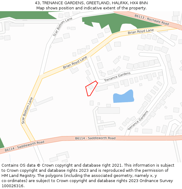 43, TRENANCE GARDENS, GREETLAND, HALIFAX, HX4 8NN: Location map and indicative extent of plot