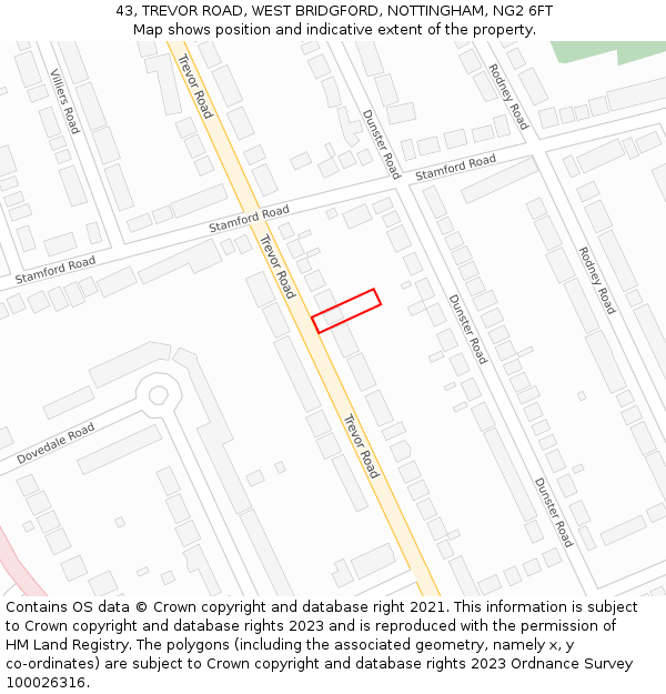 43, TREVOR ROAD, WEST BRIDGFORD, NOTTINGHAM, NG2 6FT: Location map and indicative extent of plot