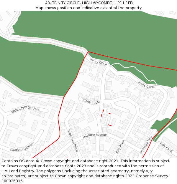 43, TRINITY CIRCLE, HIGH WYCOMBE, HP11 1FB: Location map and indicative extent of plot