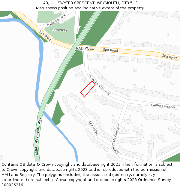 43, ULLSWATER CRESCENT, WEYMOUTH, DT3 5HF: Location map and indicative extent of plot