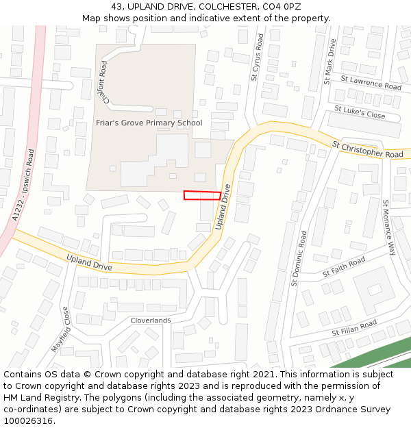 43, UPLAND DRIVE, COLCHESTER, CO4 0PZ: Location map and indicative extent of plot