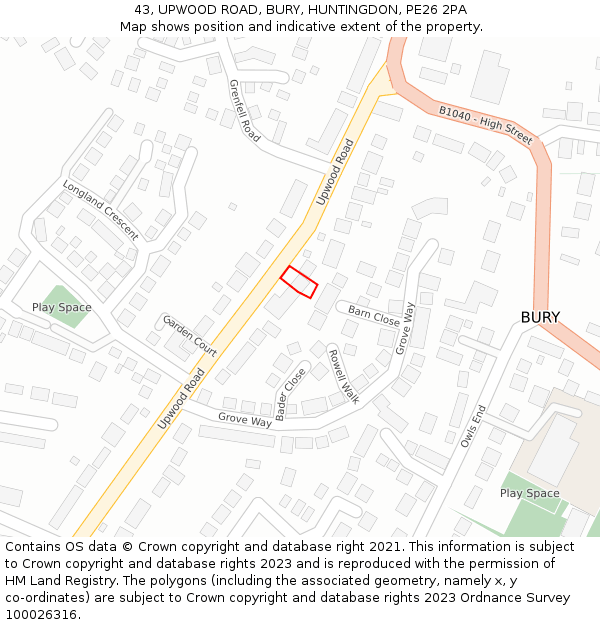 43, UPWOOD ROAD, BURY, HUNTINGDON, PE26 2PA: Location map and indicative extent of plot