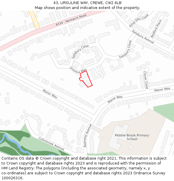 43, URSULINE WAY, CREWE, CW2 6LB: Location map and indicative extent of plot