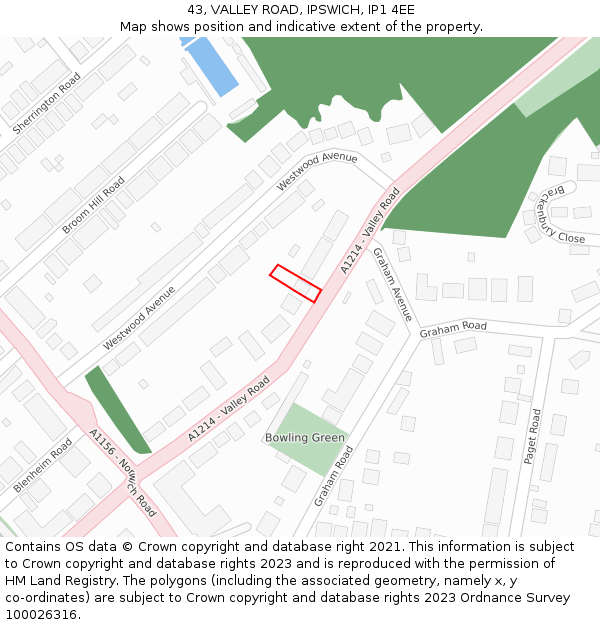 43, VALLEY ROAD, IPSWICH, IP1 4EE: Location map and indicative extent of plot