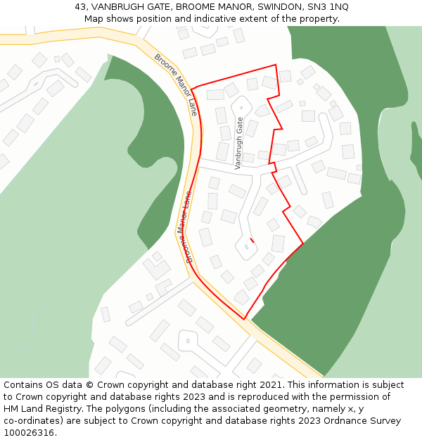 43, VANBRUGH GATE, BROOME MANOR, SWINDON, SN3 1NQ: Location map and indicative extent of plot