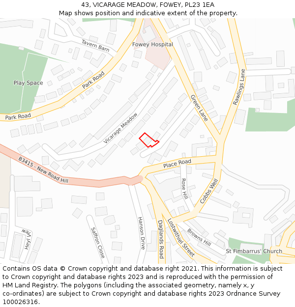 43, VICARAGE MEADOW, FOWEY, PL23 1EA: Location map and indicative extent of plot