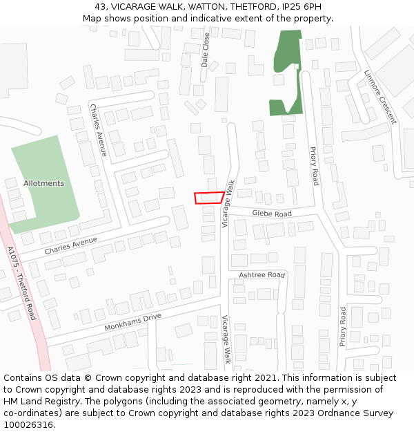 43, VICARAGE WALK, WATTON, THETFORD, IP25 6PH: Location map and indicative extent of plot