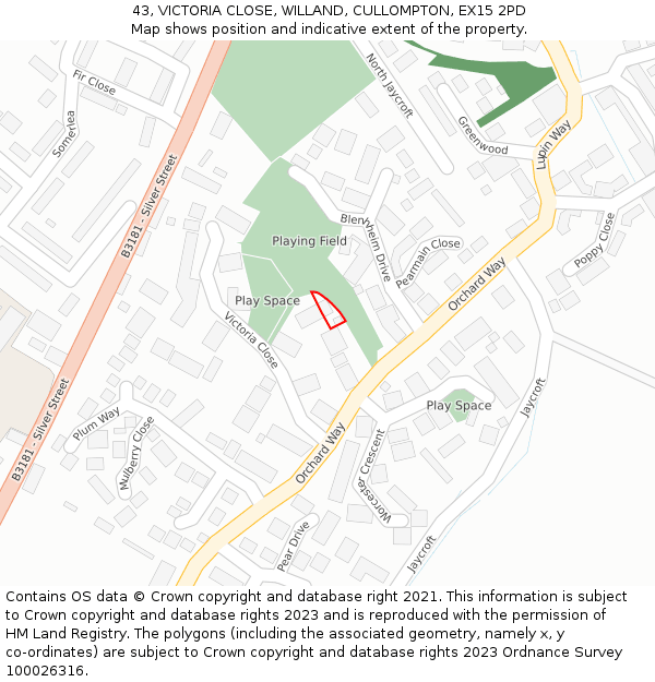 43, VICTORIA CLOSE, WILLAND, CULLOMPTON, EX15 2PD: Location map and indicative extent of plot