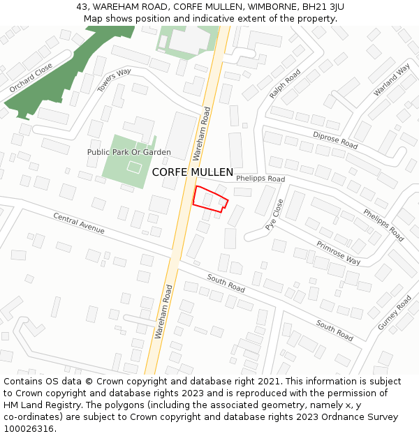 43, WAREHAM ROAD, CORFE MULLEN, WIMBORNE, BH21 3JU: Location map and indicative extent of plot