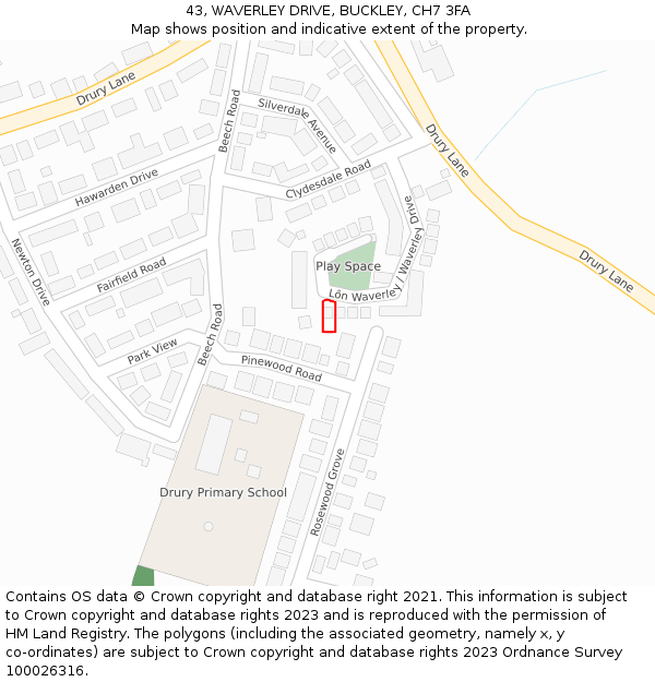 43, WAVERLEY DRIVE, BUCKLEY, CH7 3FA: Location map and indicative extent of plot