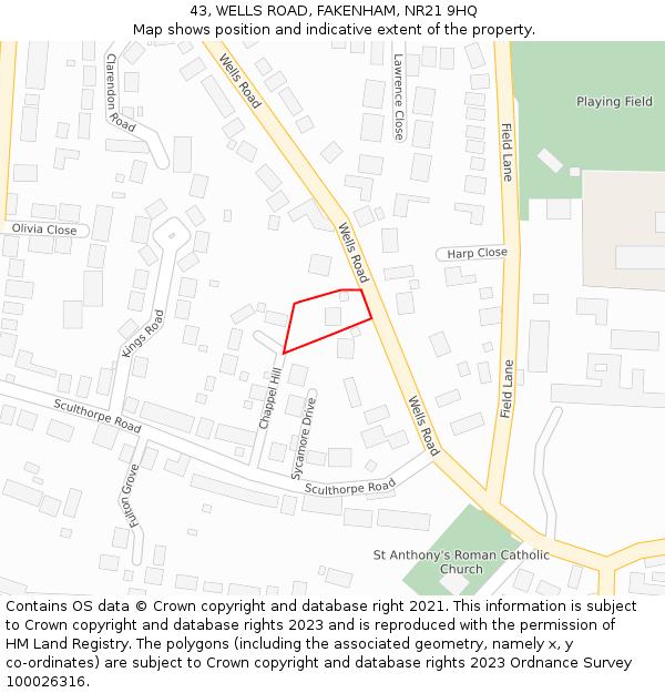 43, WELLS ROAD, FAKENHAM, NR21 9HQ: Location map and indicative extent of plot