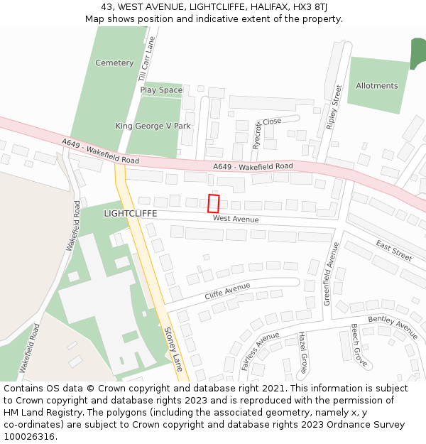 43, WEST AVENUE, LIGHTCLIFFE, HALIFAX, HX3 8TJ: Location map and indicative extent of plot