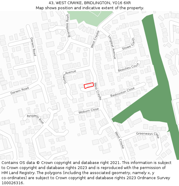 43, WEST CRAYKE, BRIDLINGTON, YO16 6XR: Location map and indicative extent of plot