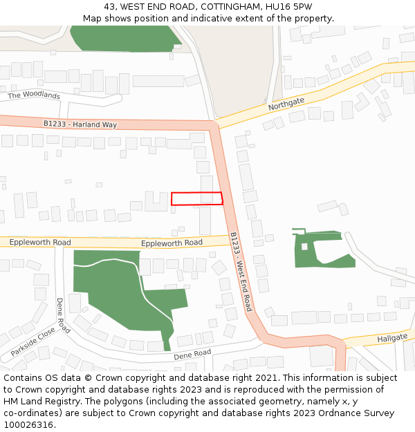 43, WEST END ROAD, COTTINGHAM, HU16 5PW: Location map and indicative extent of plot