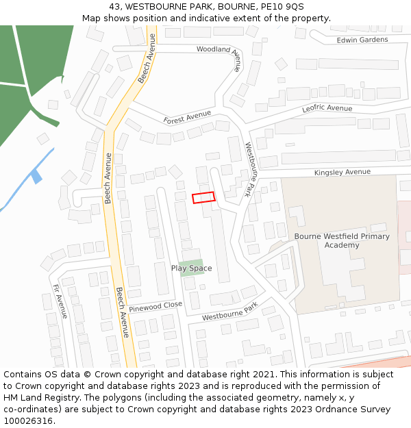 43, WESTBOURNE PARK, BOURNE, PE10 9QS: Location map and indicative extent of plot