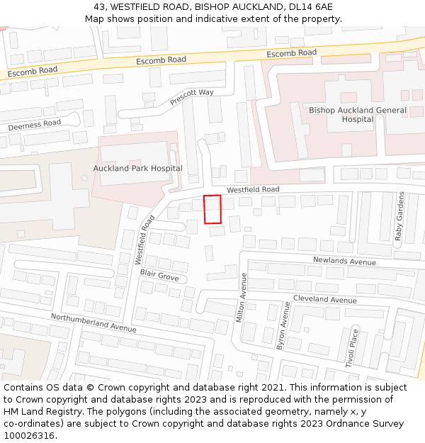 43, WESTFIELD ROAD, BISHOP AUCKLAND, DL14 6AE: Location map and indicative extent of plot