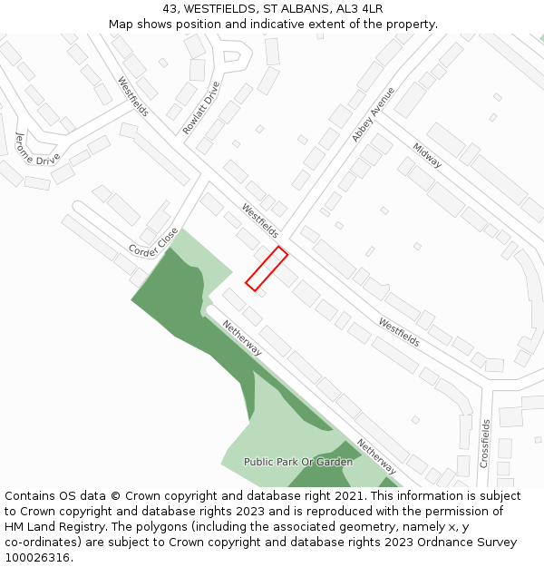 43, WESTFIELDS, ST ALBANS, AL3 4LR: Location map and indicative extent of plot