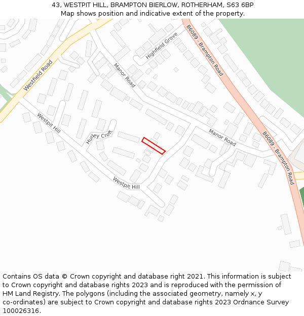 43, WESTPIT HILL, BRAMPTON BIERLOW, ROTHERHAM, S63 6BP: Location map and indicative extent of plot