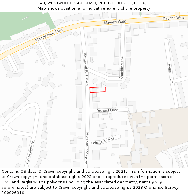 43, WESTWOOD PARK ROAD, PETERBOROUGH, PE3 6JL: Location map and indicative extent of plot