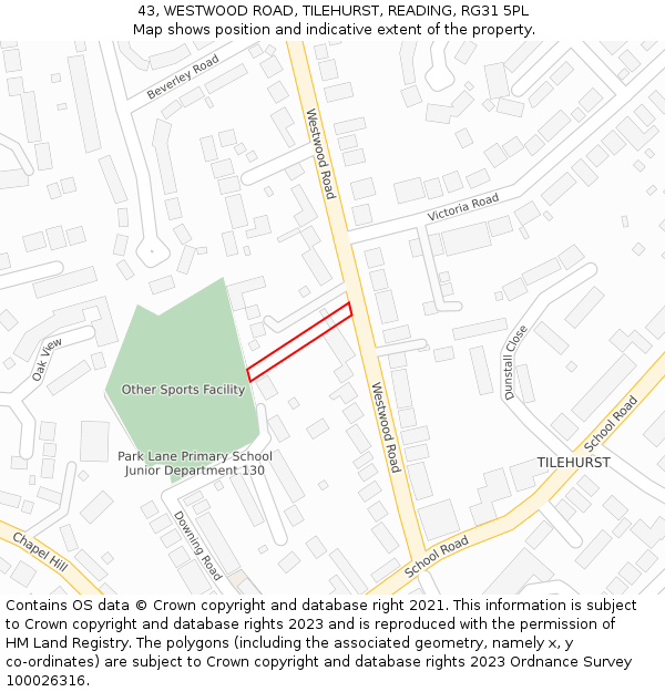43, WESTWOOD ROAD, TILEHURST, READING, RG31 5PL: Location map and indicative extent of plot