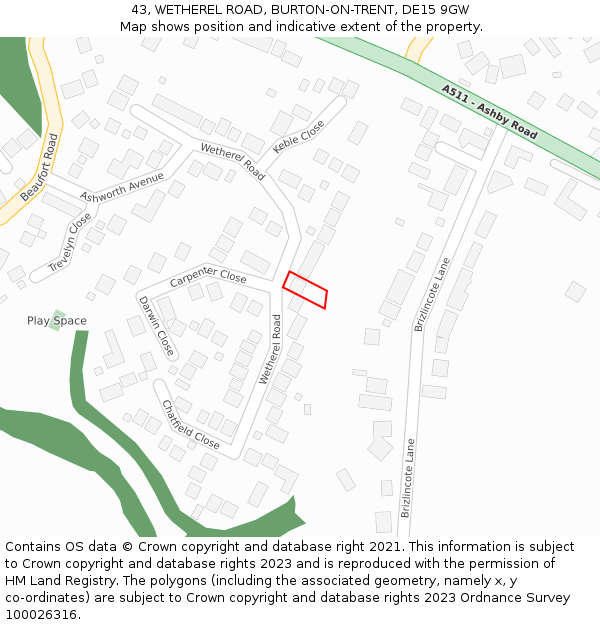 43, WETHEREL ROAD, BURTON-ON-TRENT, DE15 9GW: Location map and indicative extent of plot