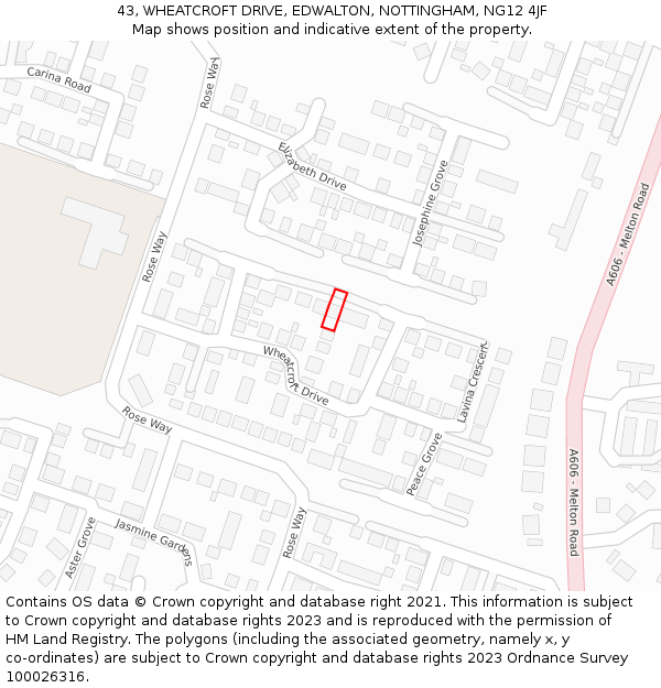 43, WHEATCROFT DRIVE, EDWALTON, NOTTINGHAM, NG12 4JF: Location map and indicative extent of plot