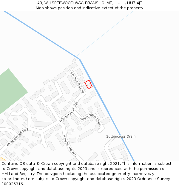43, WHISPERWOOD WAY, BRANSHOLME, HULL, HU7 4JT: Location map and indicative extent of plot