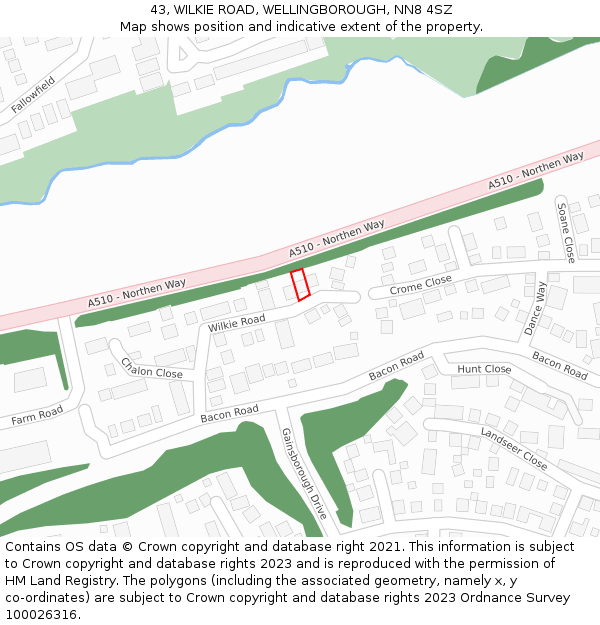 43, WILKIE ROAD, WELLINGBOROUGH, NN8 4SZ: Location map and indicative extent of plot