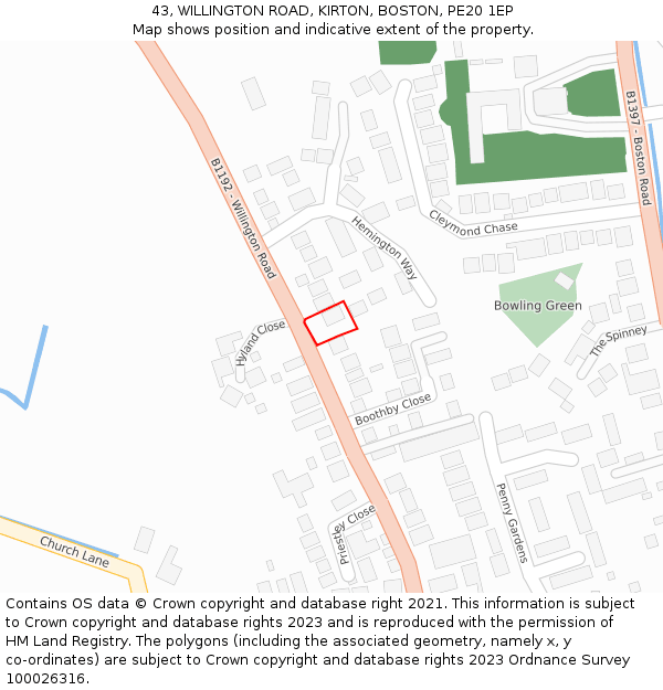 43, WILLINGTON ROAD, KIRTON, BOSTON, PE20 1EP: Location map and indicative extent of plot