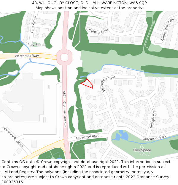 43, WILLOUGHBY CLOSE, OLD HALL, WARRINGTON, WA5 9QP: Location map and indicative extent of plot