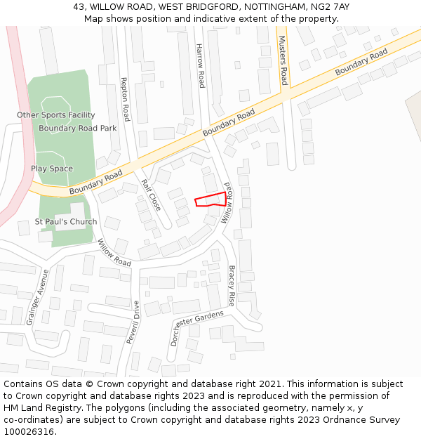 43, WILLOW ROAD, WEST BRIDGFORD, NOTTINGHAM, NG2 7AY: Location map and indicative extent of plot