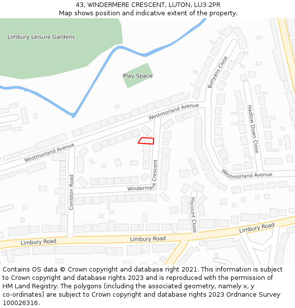 43, WINDERMERE CRESCENT, LUTON, LU3 2PR: Location map and indicative extent of plot