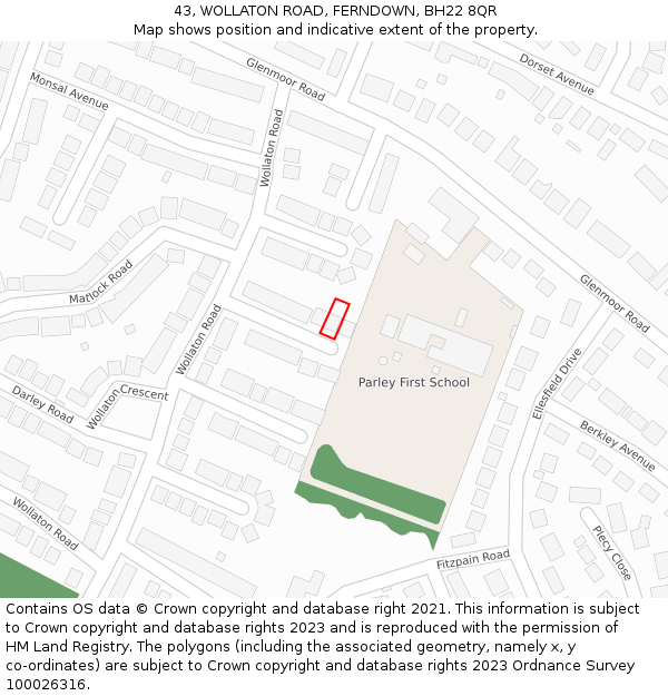 43, WOLLATON ROAD, FERNDOWN, BH22 8QR: Location map and indicative extent of plot