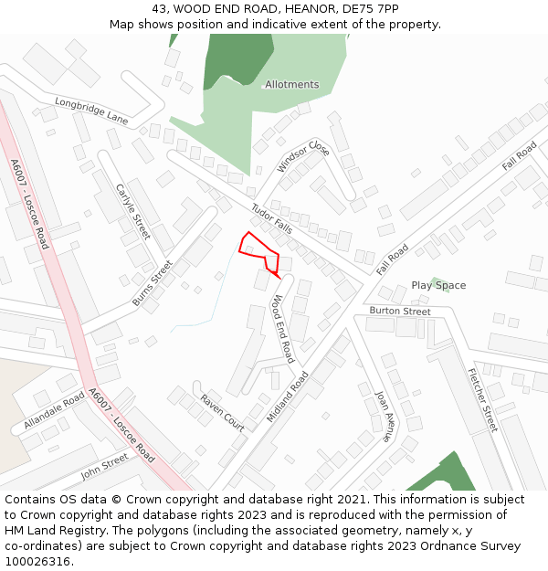 43, WOOD END ROAD, HEANOR, DE75 7PP: Location map and indicative extent of plot