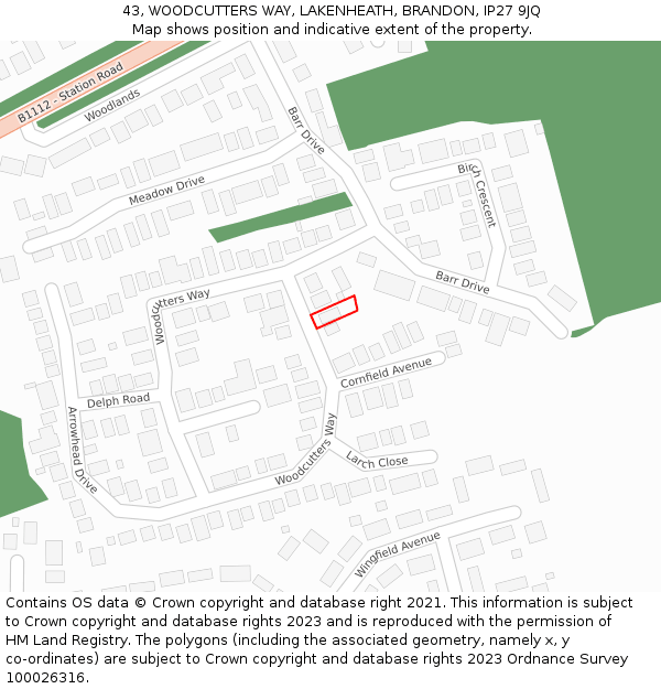 43, WOODCUTTERS WAY, LAKENHEATH, BRANDON, IP27 9JQ: Location map and indicative extent of plot