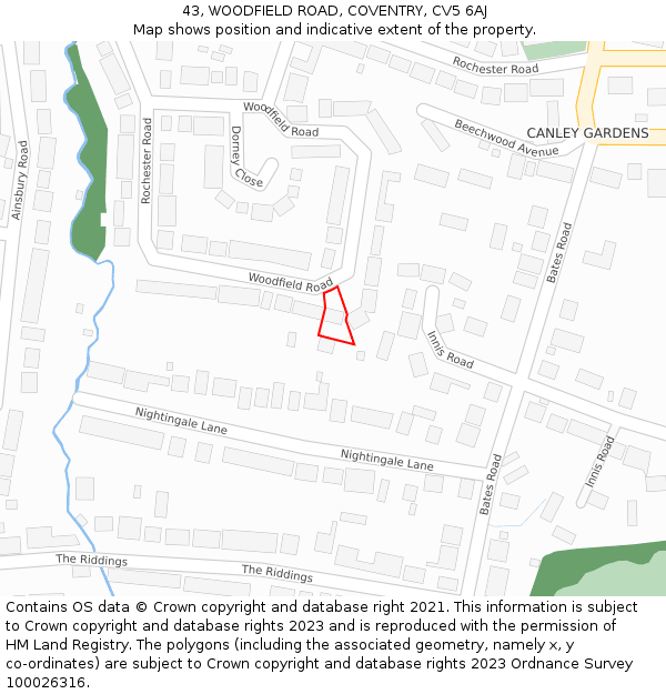 43, WOODFIELD ROAD, COVENTRY, CV5 6AJ: Location map and indicative extent of plot