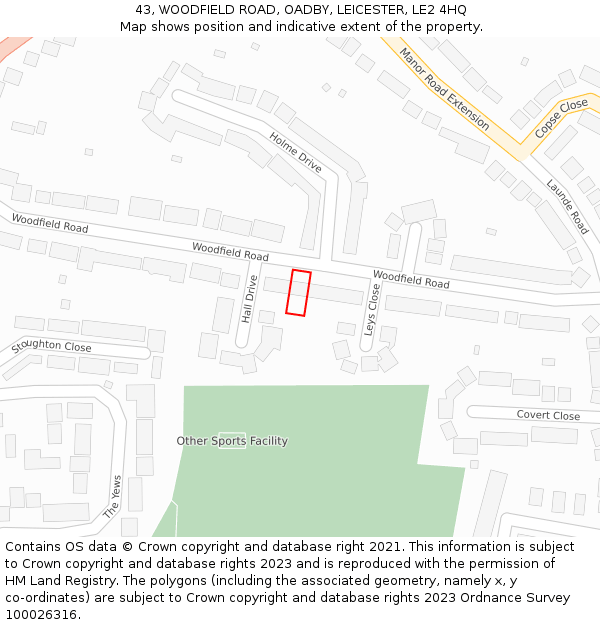 43, WOODFIELD ROAD, OADBY, LEICESTER, LE2 4HQ: Location map and indicative extent of plot