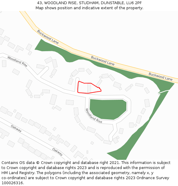 43, WOODLAND RISE, STUDHAM, DUNSTABLE, LU6 2PF: Location map and indicative extent of plot