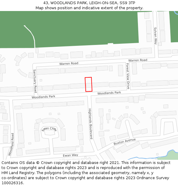 43, WOODLANDS PARK, LEIGH-ON-SEA, SS9 3TP: Location map and indicative extent of plot