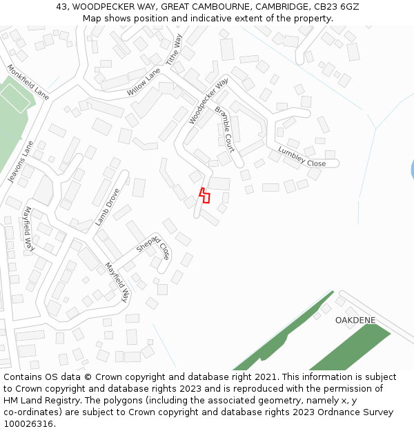 43, WOODPECKER WAY, GREAT CAMBOURNE, CAMBRIDGE, CB23 6GZ: Location map and indicative extent of plot